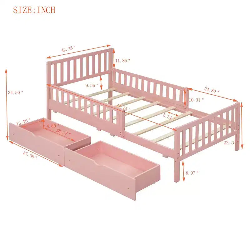 Wood Platform Bed with Guardrails for Kids, Bed Frame with 2 Storage Drawers