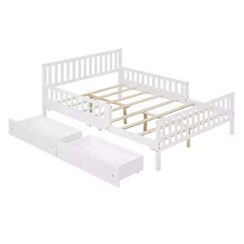 Wood Platform Bed with Guardrails for Kids, Bed Frame with 2 Storage Drawers