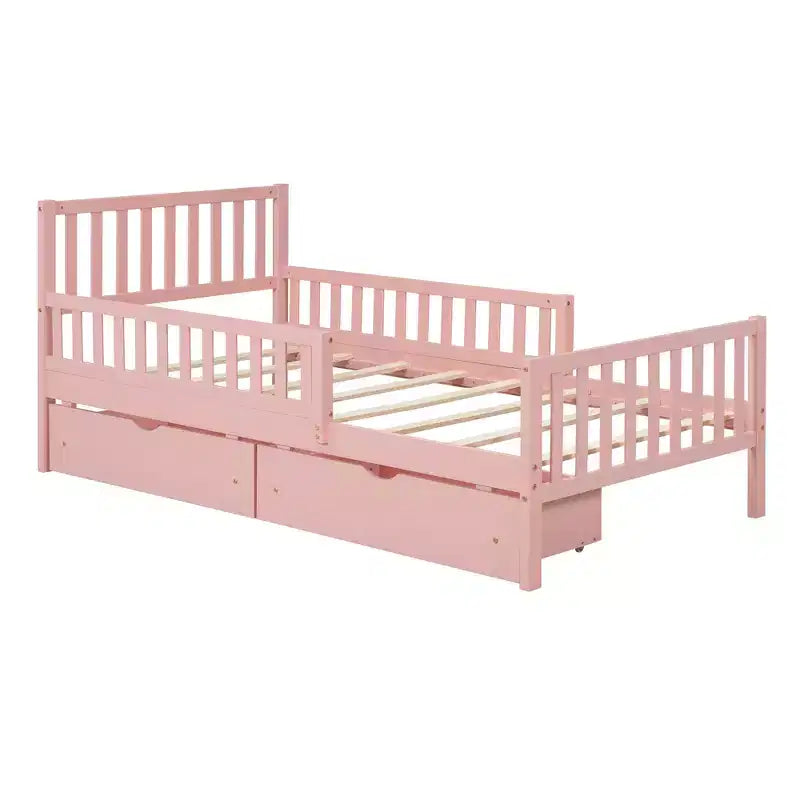 Wood Platform Bed with Guardrails for Kids, Bed Frame with 2 Storage Drawers
