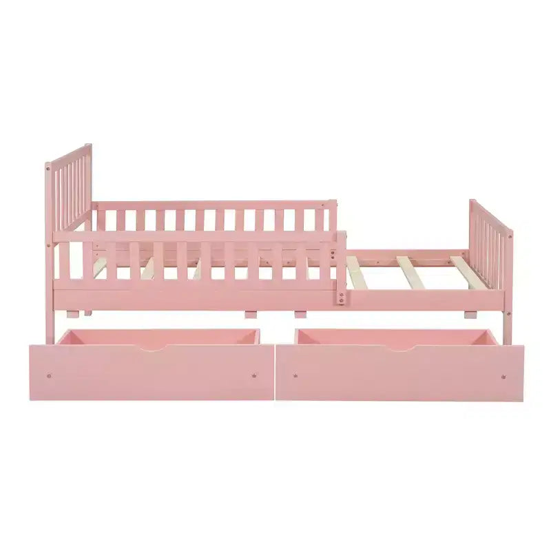 Wood Platform Bed with Guardrails for Kids, Bed Frame with 2 Storage Drawers
