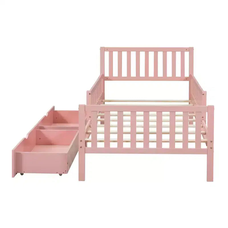Wood Platform Bed with Guardrails for Kids, Bed Frame with 2 Storage Drawers
