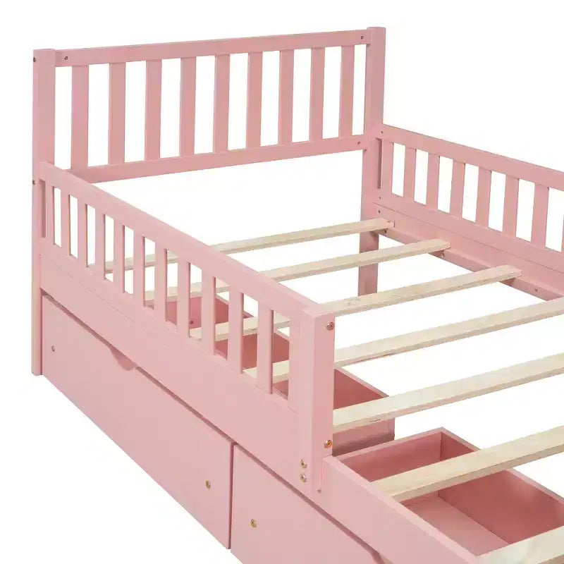 Wood Platform Bed with Guardrails for Kids, Bed Frame with 2 Storage Drawers