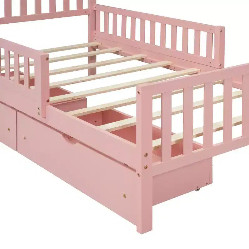 Wood Platform Bed with Guardrails for Kids, Bed Frame with 2 Storage Drawers