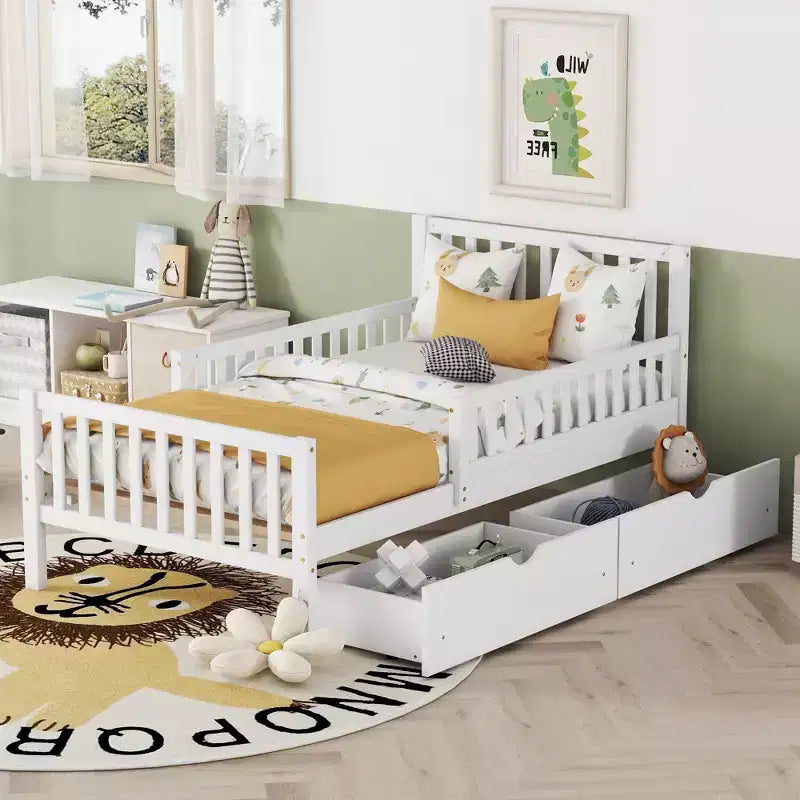 Wood Platform Bed with Guardrails for Kids, Bed Frame with 2 Storage Drawers