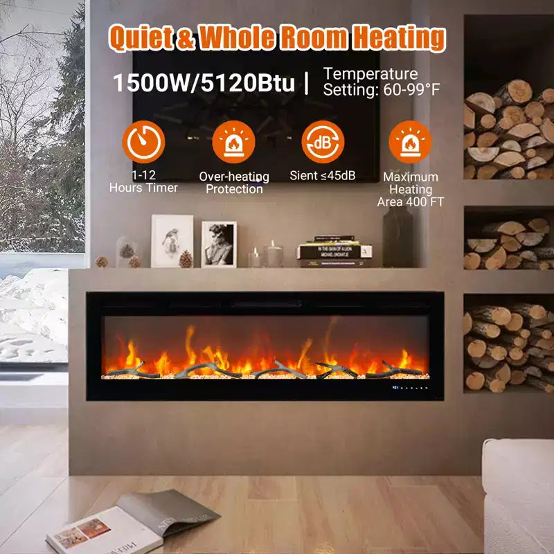72in Electric Fireplace Wall Insert, 12 Flame Color Recessed Wall Mount Fireplace with Dual Heat 750w/1500w, Voice Control
