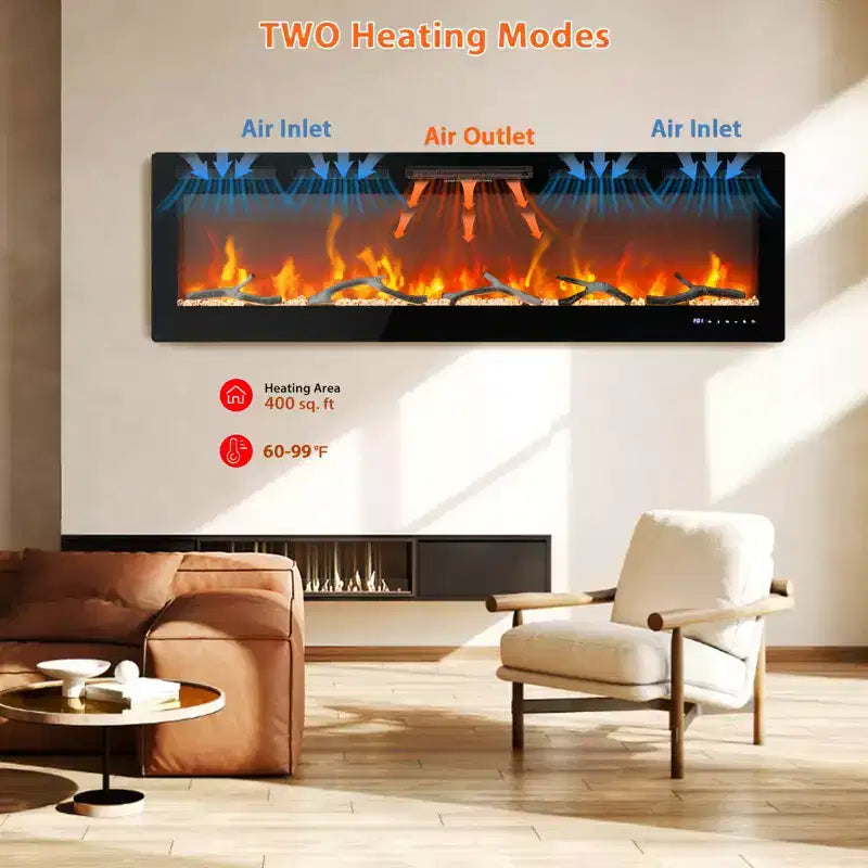 72in Electric Fireplace Wall Insert, 12 Flame Color Recessed Wall Mount Fireplace with Dual Heat 750w/1500w, Voice Control