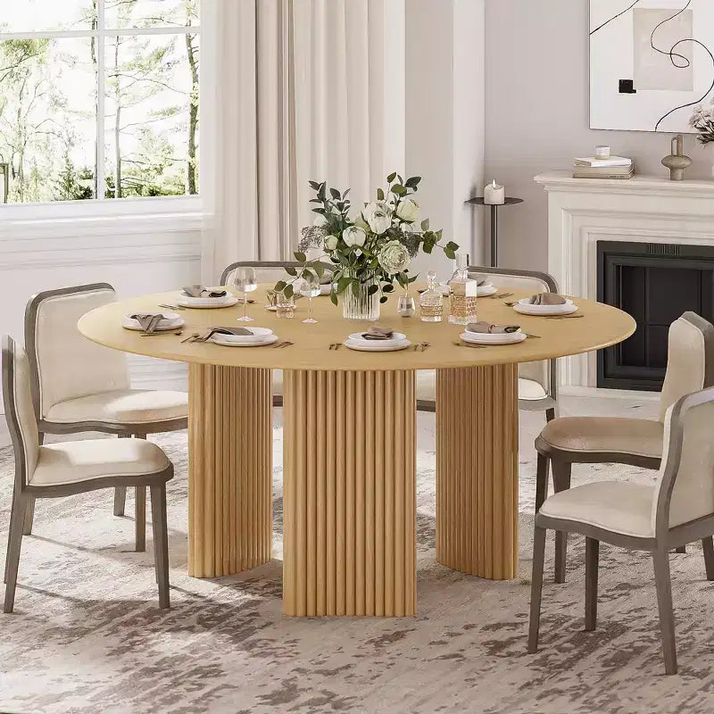 60" Modern Round Dining Table with Striped Column Legs, Solid Wood, Anti-Scratch Footpads, Natural