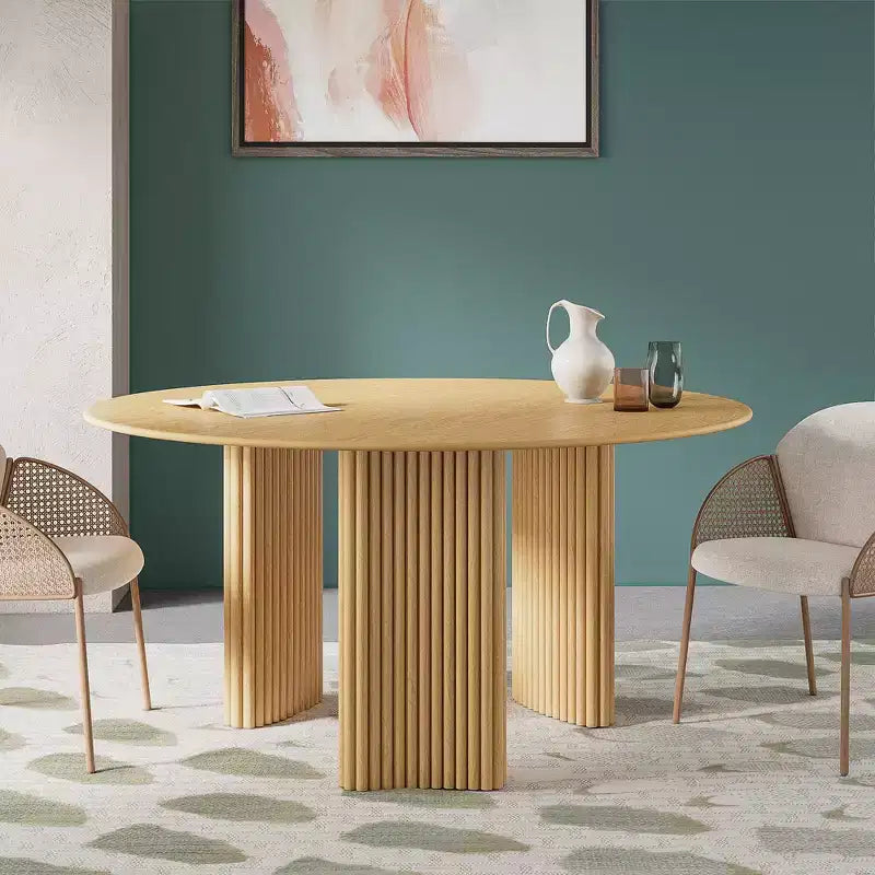60" Modern Round Dining Table with Striped Column Legs, Solid Wood, Anti-Scratch Footpads, Natural