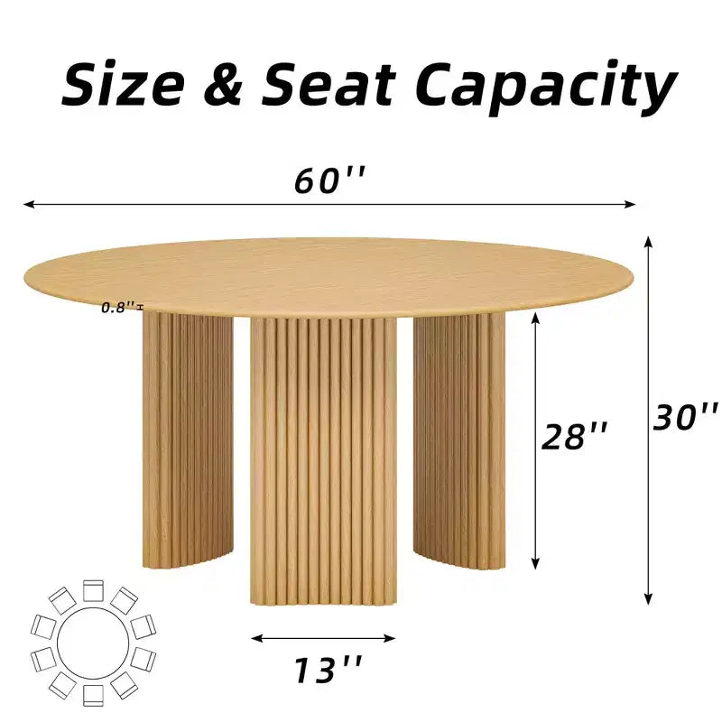 60" Modern Round Dining Table with Striped Column Legs, Solid Wood, Anti-Scratch Footpads, Natural