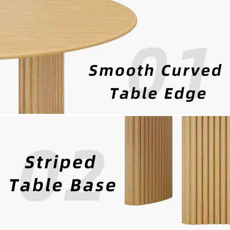 60" Modern Round Dining Table with Striped Column Legs, Solid Wood, Anti-Scratch Footpads, Natural