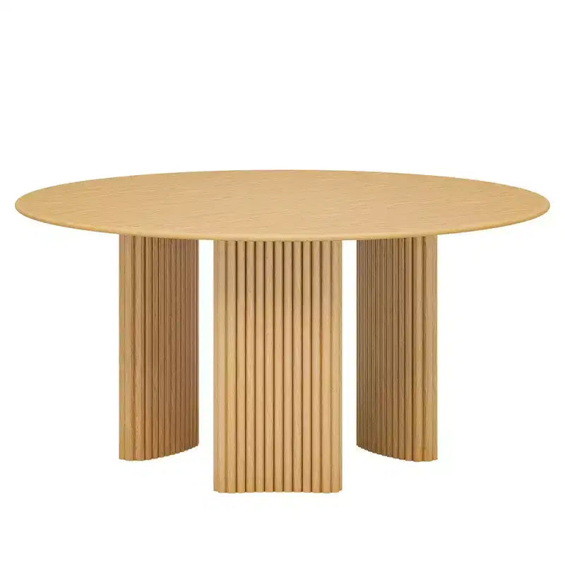 60" Modern Round Dining Table with Striped Column Legs, Solid Wood, Anti-Scratch Footpads, Natural