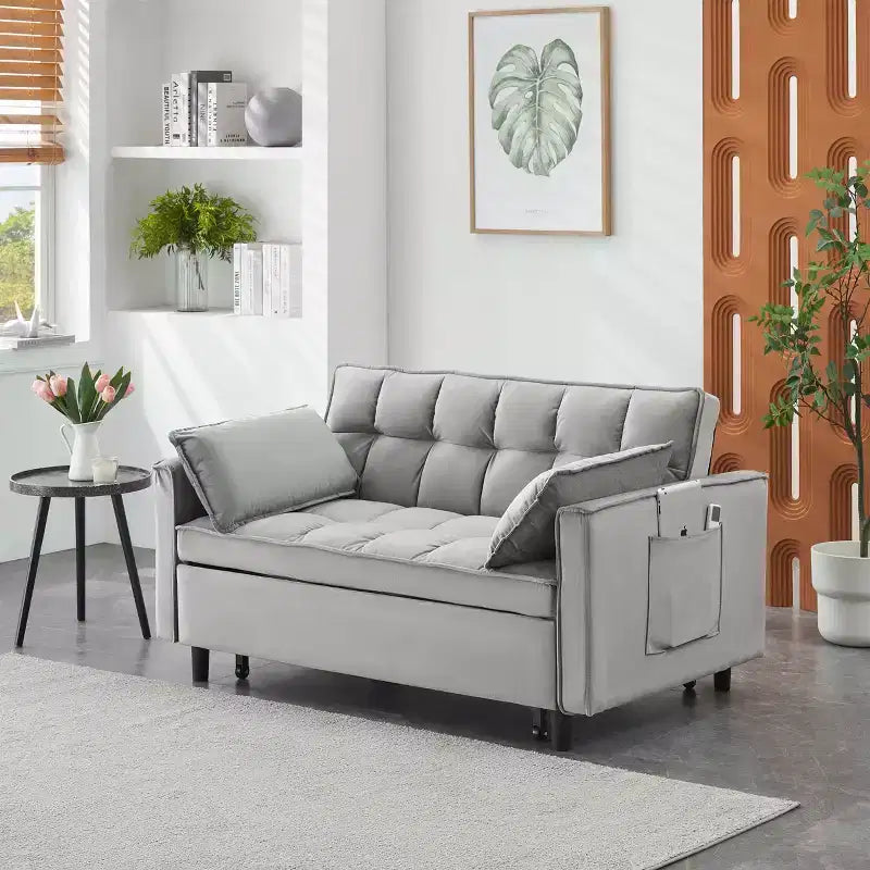 Modern Velvet Loveseat Sleeper Sofa with Toss Pillows and Pockets for Living Room Bedroom Gray