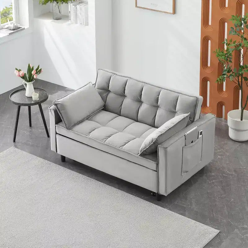 Modern Velvet Loveseat Sleeper Sofa with Toss Pillows and Pockets for Living Room Bedroom Gray