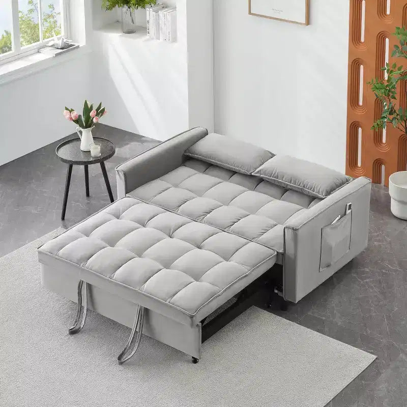 Modern Velvet Loveseat Sleeper Sofa with Toss Pillows and Pockets for Living Room Bedroom Gray