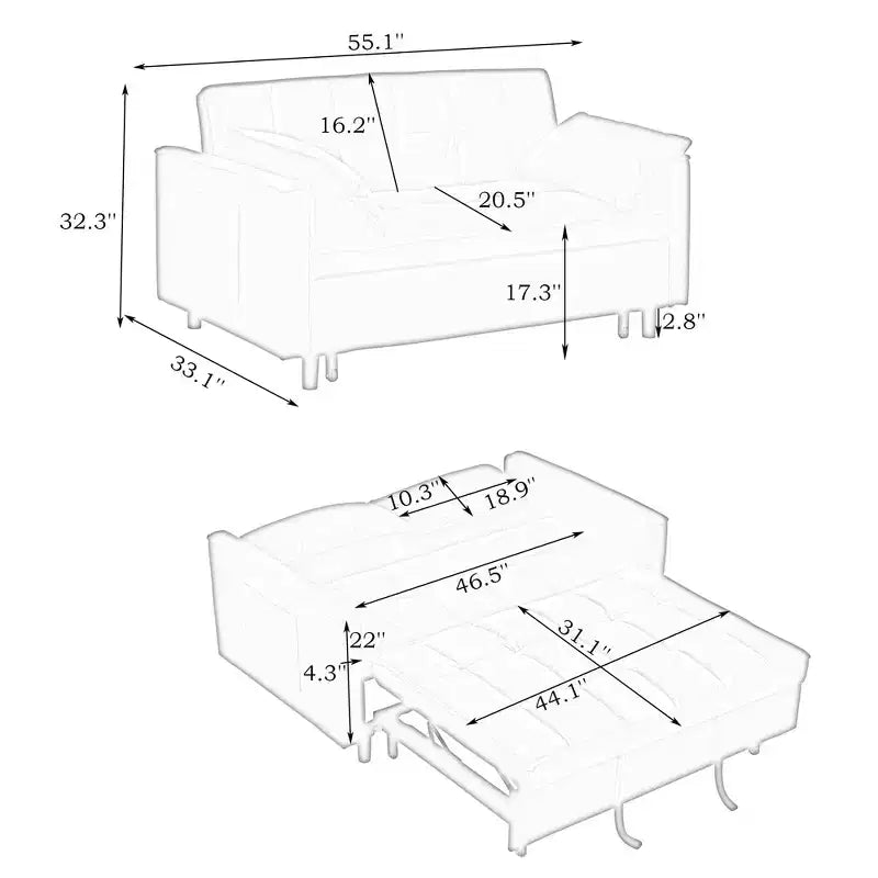 Modern Velvet Loveseat Sleeper Sofa with Toss Pillows and Pockets for Living Room Bedroom Gray