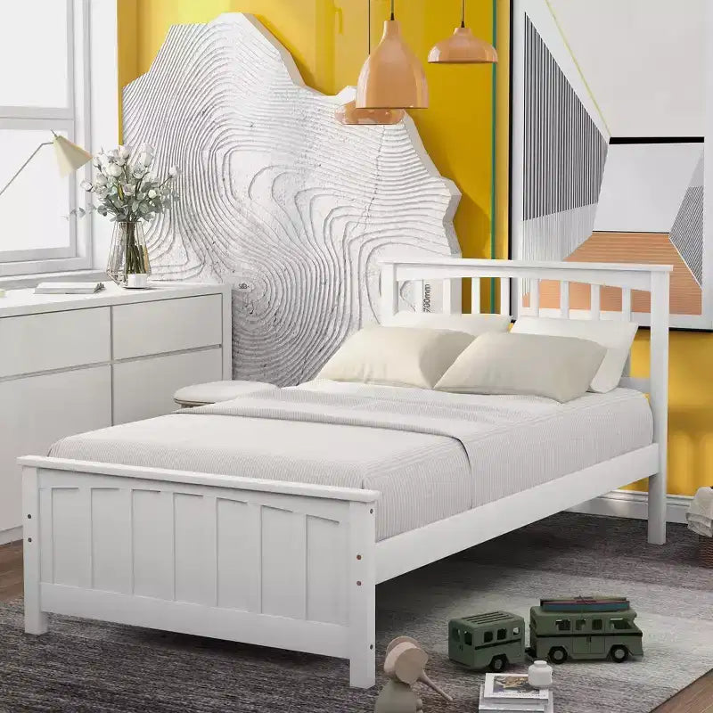 Solid Wood Twin Size Platform Bed, Twin Wooden Bed Frame with Headboard for Bedroom