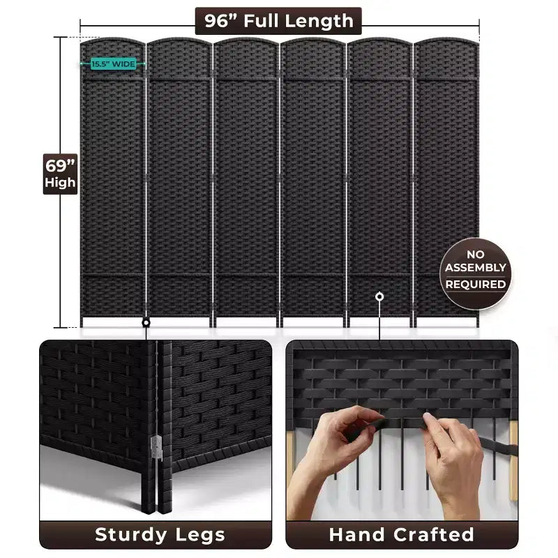 Extra Wide Double Hinged 6-Panel Folding Room Divider with Mesh Hand-Woven Design