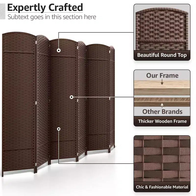 Extra Wide Double Hinged 6-Panel Folding Room Divider with Mesh Hand-Woven Design