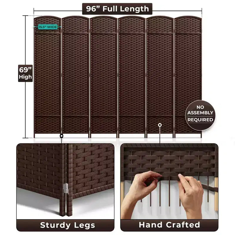 Extra Wide Double Hinged 6-Panel Folding Room Divider with Mesh Hand-Woven Design