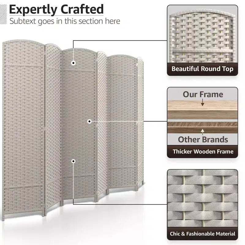 Extra Wide Double Hinged 6-Panel Folding Room Divider with Mesh Hand-Woven Design