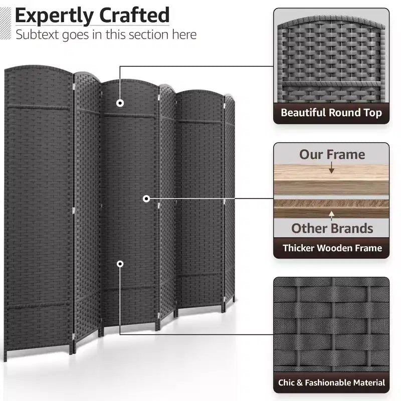 Extra Wide Double Hinged 6-Panel Folding Room Divider with Mesh Hand-Woven Design