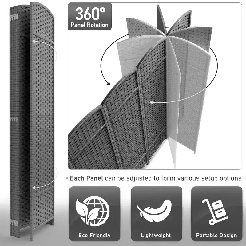 Extra Wide Double Hinged 6-Panel Folding Room Divider with Mesh Hand-Woven Design