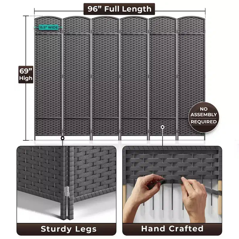 Extra Wide Double Hinged 6-Panel Folding Room Divider with Mesh Hand-Woven Design