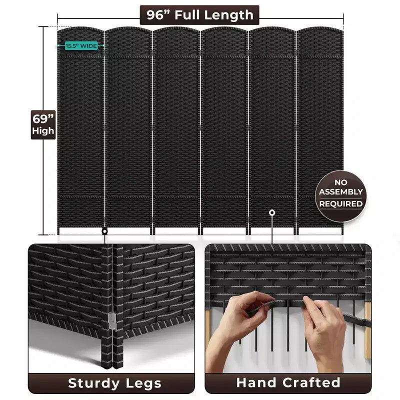 Extra Wide Double Hinged 6-Panel Folding Room Divider with Mesh Hand-Woven Design