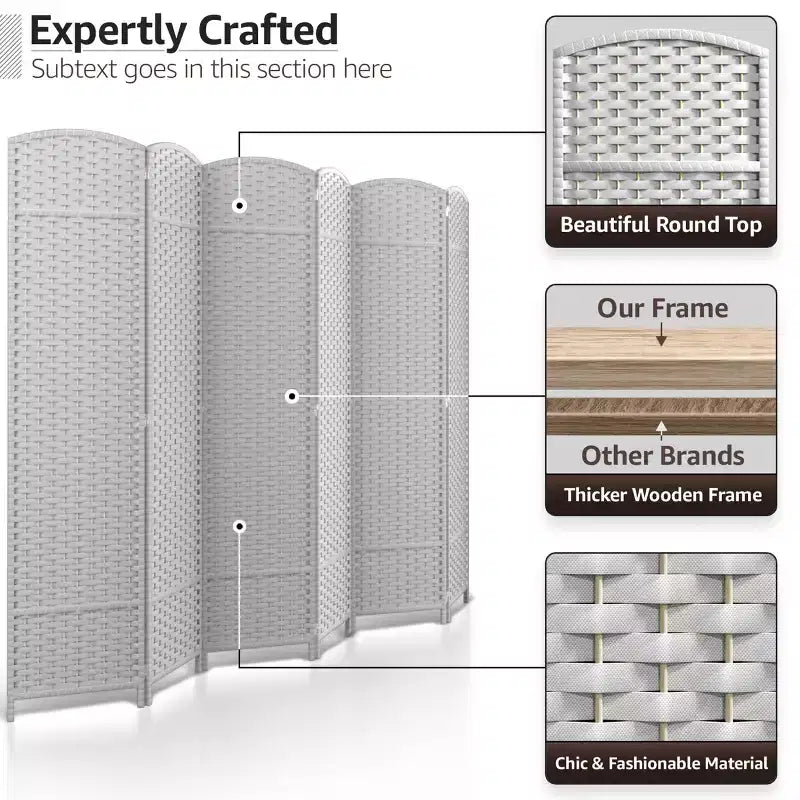 Extra Wide Double Hinged 6-Panel Folding Room Divider with Mesh Hand-Woven Design
