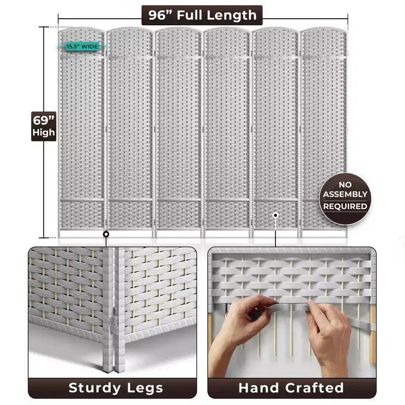 Extra Wide Double Hinged 6-Panel Folding Room Divider with Mesh Hand-Woven Design