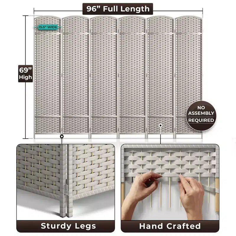 Extra Wide Double Hinged 6-Panel Folding Room Divider with Mesh Hand-Woven Design