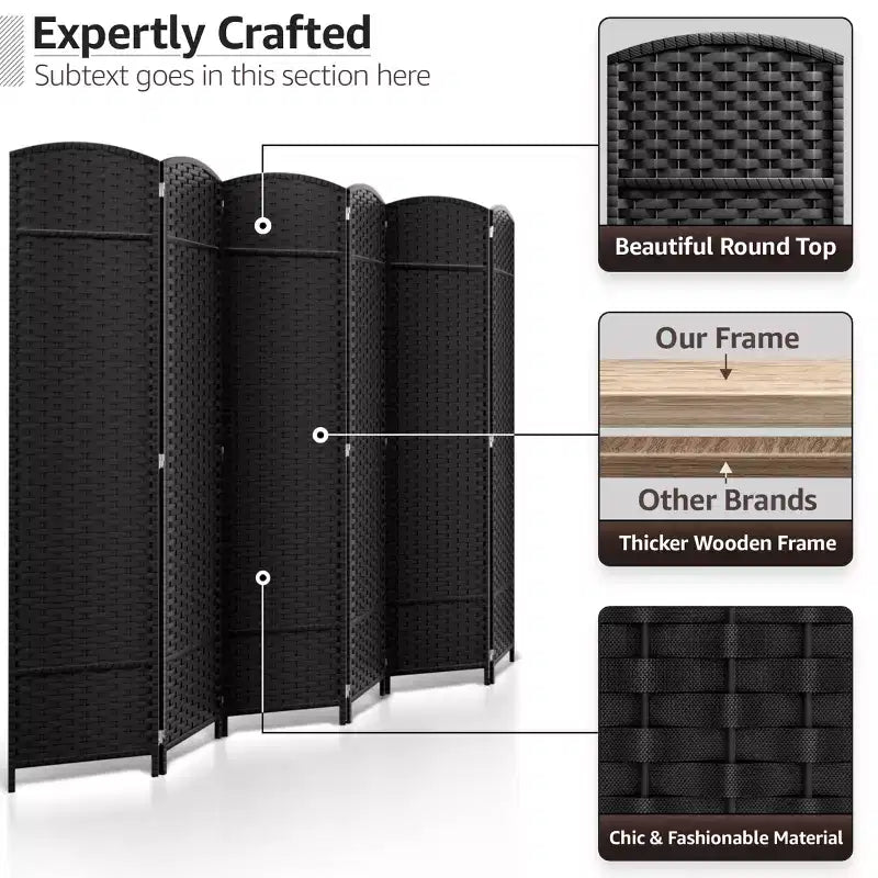 Extra Wide Double Hinged 6-Panel Folding Room Divider with Mesh Hand-Woven Design