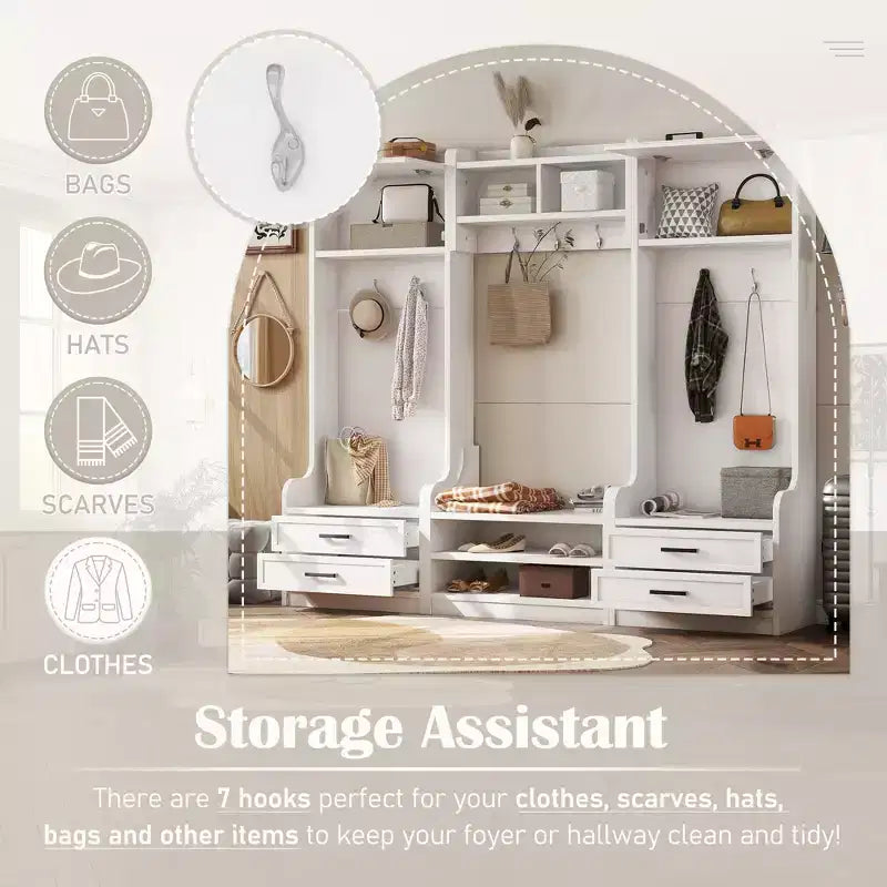 Coat Rack, Hall Tree with Shoe Storage, Farmhouse Shoe Cabinet with 3 Drawers, 7 Coat Hooks, Freestanding Shoe Rack Organizer for Entryway Hallway Closet