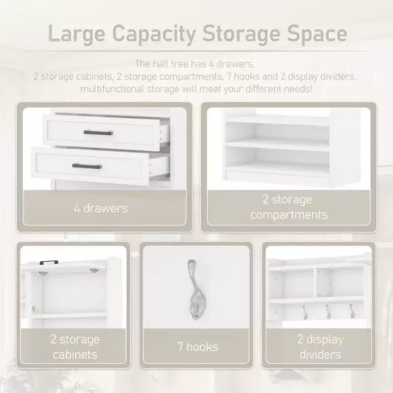 Coat Rack, Hall Tree with Shoe Storage, Farmhouse Shoe Cabinet with 3 Drawers, 7 Coat Hooks, Freestanding Shoe Rack Organizer for Entryway Hallway Closet