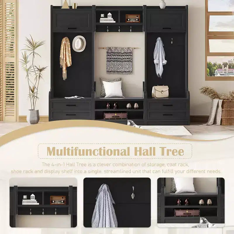 Coat Rack, Hall Tree with Shoe Storage, Farmhouse Shoe Cabinet with 3 Drawers, 7 Coat Hooks, Freestanding Shoe Rack Organizer for Entryway Hallway Closet