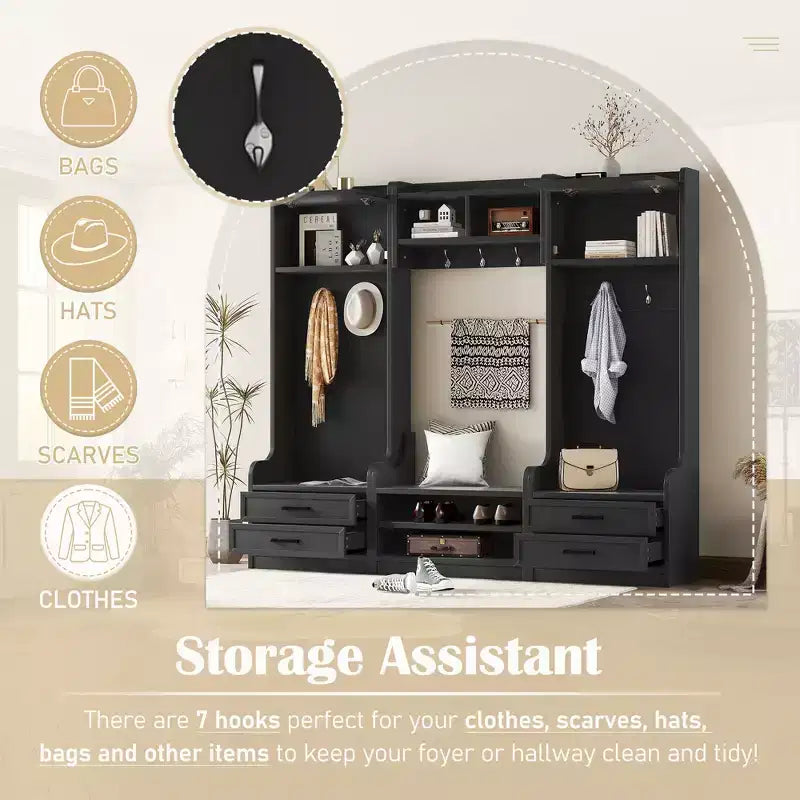 Coat Rack, Hall Tree with Shoe Storage, Farmhouse Shoe Cabinet with 3 Drawers, 7 Coat Hooks, Freestanding Shoe Rack Organizer for Entryway Hallway Closet