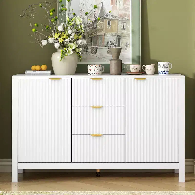 Sideboard with Wave Design - 3 Adjustable Shelves, 3 Drawers & Soft-Close Doors, Storage Console Table with Metal Handles