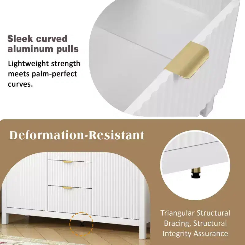 Sideboard with Wave Design - 3 Adjustable Shelves, 3 Drawers & Soft-Close Doors, Storage Console Table with Metal Handles