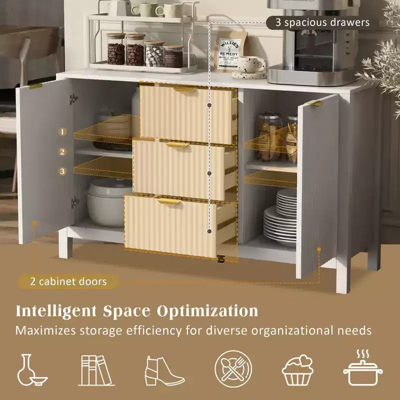 Sideboard with Wave Design - 3 Adjustable Shelves, 3 Drawers & Soft-Close Doors, Storage Console Table with Metal Handles