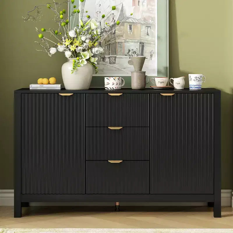 Sideboard with Wave Design - 3 Adjustable Shelves, 3 Drawers & Soft-Close Doors, Storage Console Table with Metal Handles