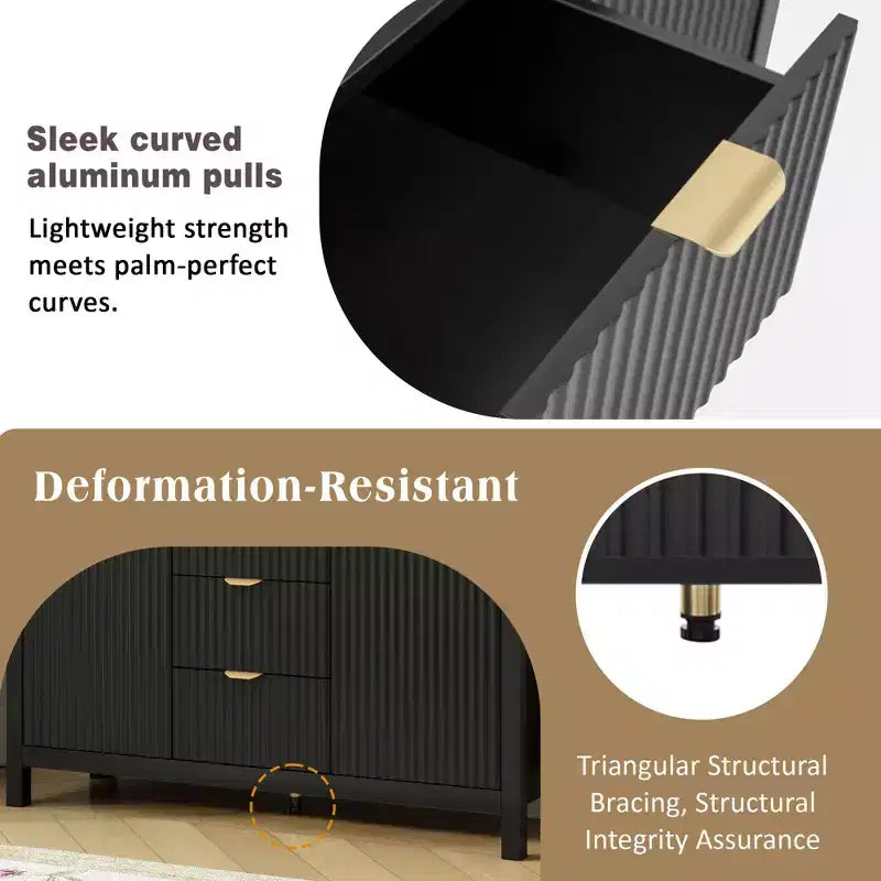 Sideboard with Wave Design - 3 Adjustable Shelves, 3 Drawers & Soft-Close Doors, Storage Console Table with Metal Handles