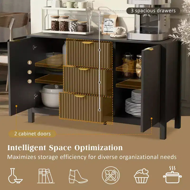 Sideboard with Wave Design - 3 Adjustable Shelves, 3 Drawers & Soft-Close Doors, Storage Console Table with Metal Handles