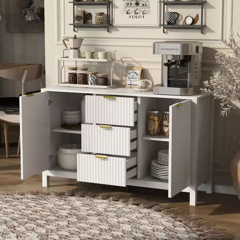 Sideboard with Wave Design - 3 Adjustable Shelves, 3 Drawers & Soft-Close Doors, Storage Console Table with Metal Handles