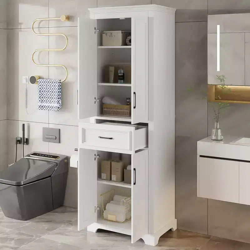 Freestanding Bathroom Storage Cabinet with Drawer, Adjustable Shelves, Damping Hinge Doors, Durable Painted Finish, White