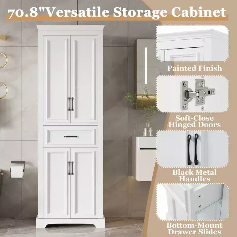Freestanding Bathroom Storage Cabinet with Drawer, Adjustable Shelves, Damping Hinge Doors, Durable Painted Finish, White