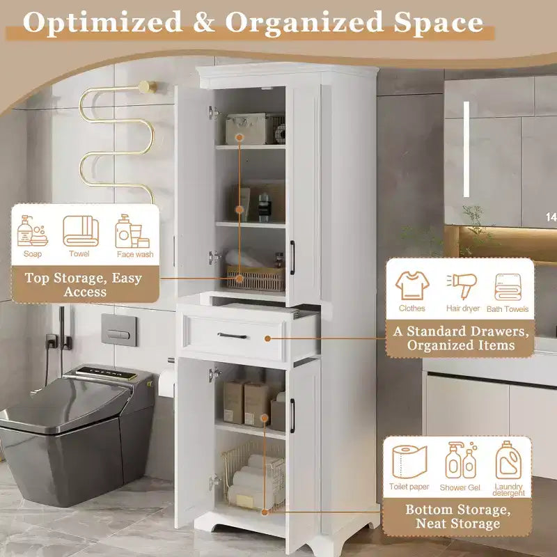 Freestanding Bathroom Storage Cabinet with Drawer, Adjustable Shelves, Damping Hinge Doors, Durable Painted Finish, White