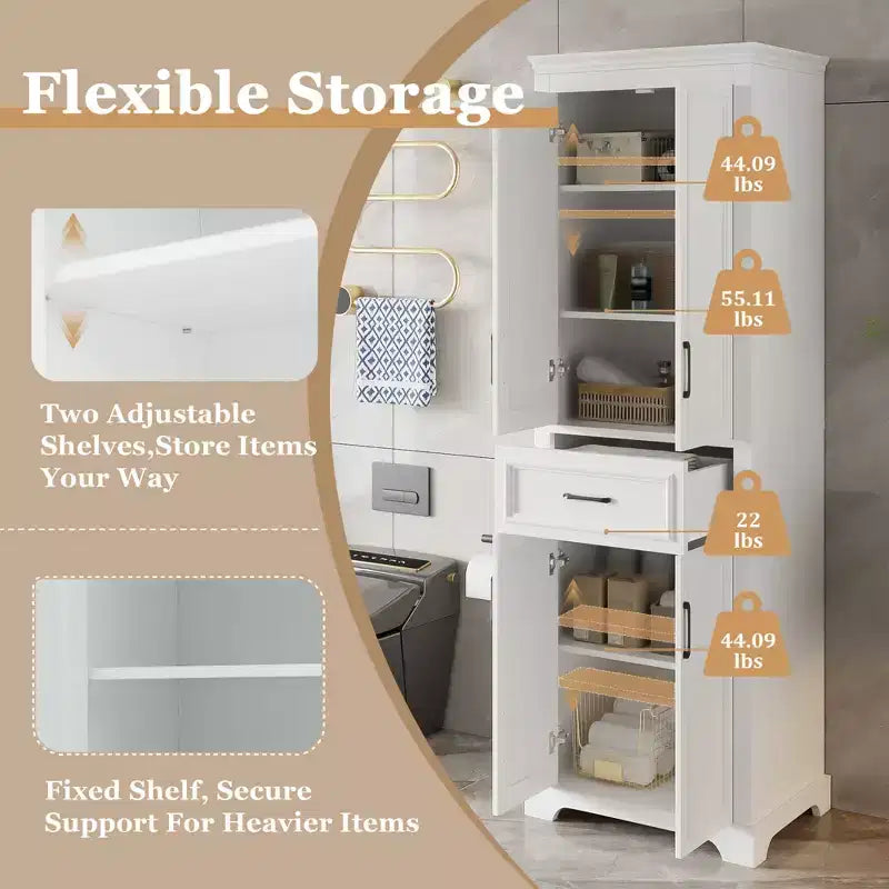 Freestanding Bathroom Storage Cabinet with Drawer, Adjustable Shelves, Damping Hinge Doors, Durable Painted Finish, White