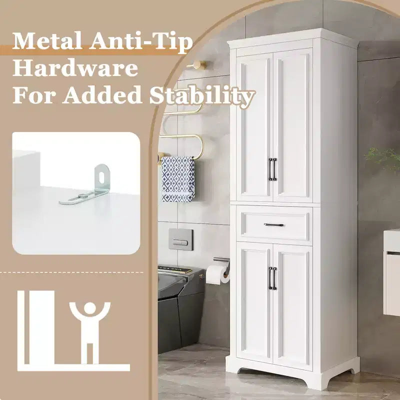 Freestanding Bathroom Storage Cabinet with Drawer, Adjustable Shelves, Damping Hinge Doors, Durable Painted Finish, White
