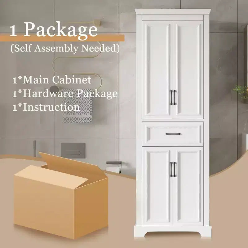 Freestanding Bathroom Storage Cabinet with Drawer, Adjustable Shelves, Damping Hinge Doors, Durable Painted Finish, White