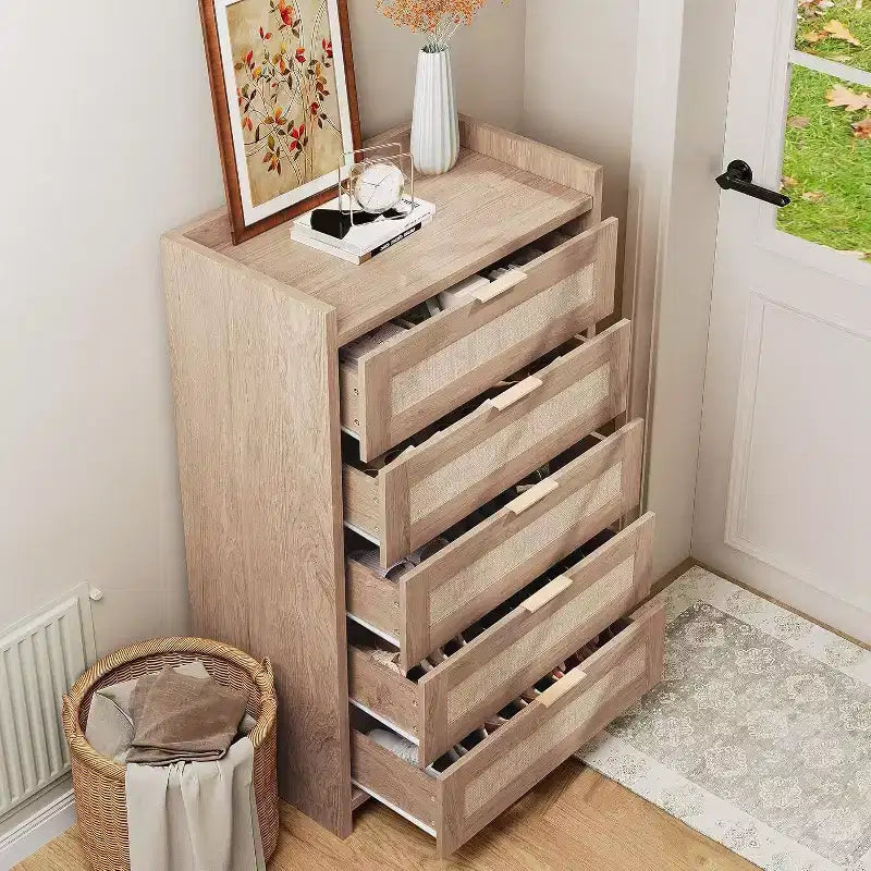 Boho 5-Drawer Rattan Dresser for Bedroom, Large Wooden Chest of Drawers Storage Cabinet for Clothes, Nightstand Organizer for Hallway, Living Room